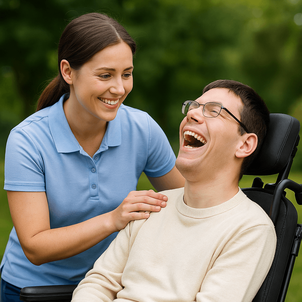 Happy caregiver and person in a wheelchair